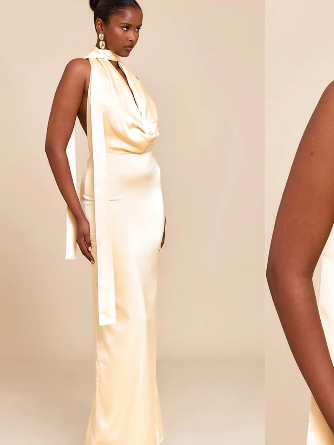 Gul  långklänning i satin - 3