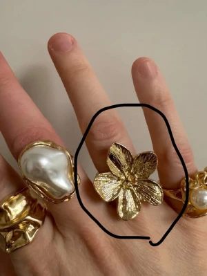 Blommig guldfärgad ring - Säljer en riktigt snygg guldfärgad ring med en stor blomma som detalj. Ringen har en glansig finish och blommans kronblad är fint strukturerade för extra effekt. Perfekt för dig som vill sticka ut med dina accessoarer.