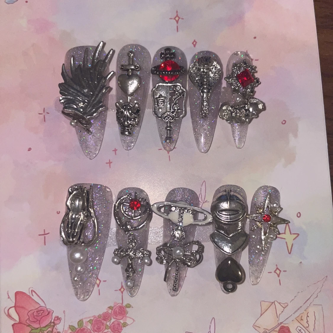 S - Glittriga press-on naglar med 3D dekorationer