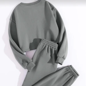 Grå croppad sweatshirt med mjukis byxor  - Säljer en stilren grå croppad sweatshirt med lång ärm och rund hals. Tröjan har en loose passform och är tillverkad i mjuk bomullsmix, perfekt för en chill och avslappnad look. Med mjukis byxor 