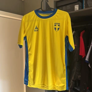 Svensk gul fotbollströja Select - Gul fotbollströja från Select med blå detaljer och SWEDEN-emblem på bröstet. Klassisk rund hals och korta ärmar. Materialet är lätt och andas, perfekt för match eller träning. Blå paneler längs sidorna ger en sportig look.