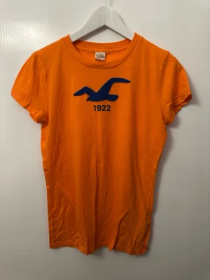 Orange t-shirt från Hollister - Snygg orange t-shirt från Hollister med blå broderad fågel och siffran 1922 på bröstet. Klassisk rund halsringning och korta ärmar. Tillverkad i mjuk bomull som är skön att ha på sig hela dagen.