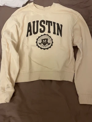 Beige sweatshirt AUSTIN från H&M Divided - Säljer en beige sweatshirt från H&M Divided med trycket 'AUSTIN' och sportigt emblem framtill. Tröjan har rund hals, ribbade muddar och är långärmad. Perfekt för dig som gillar college-vibe och enkel stil.