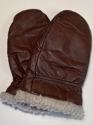 Bruna skinnvantar med pälsfoder - Säljer ett par bruna vantar i mjukt skinn med fluffigt foder. Vantarna har en klassisk form och är fodrad med ljust, mysigt pälsmaterial som sticker ut vid öppningen. 