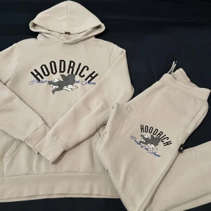 Beige/grå hoodie från Hoodrich med tryck - Beige/grå hoodie från Hoodrich med svart och blått tryck framtill och stort motiv på ryggen. Hoodien har huva, känguruficka och coola detaljer med text och änglar. Tröjan är i storlek XS och byxorna i M. Säljer hela settet ihop. 