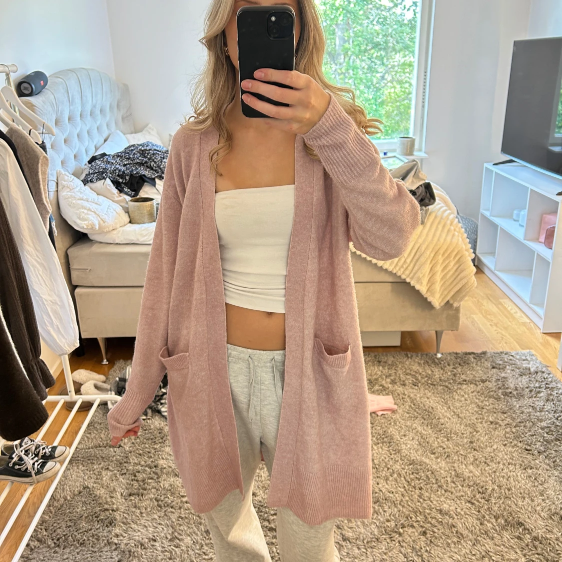 Ljusrosa lång kofta med fickor