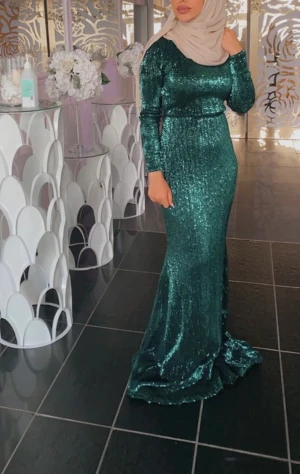 Grön glittrig långklänning - Säljer en magisk långklänning i mörkgrönt med glittriga paljetter. Klänningen har lång ärm och markerad midja som ger en snygg siluett. Perfekt för dig som vill sticka ut och glänsa på bal eller fest. (ANVÄND 1 gg)