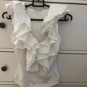 Vit volangtopp från Zara - Superfin volangtopp från Zara. Använda endast en gång och är i jättebra skick! Pris kan diskuteras💕