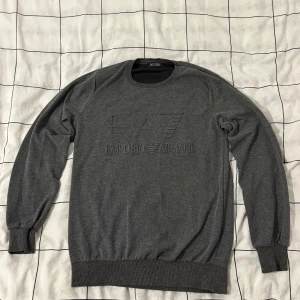 Grå tröja från Armani Jeans - Snygg grå tröja från Armani Jeans med diskret mönster och rund hals. Tröjan har ett broderat EA7 Emporio Armani-logo på bröstet och ribbade muddar vid ärmslut och nederkant. Perfekt för dig som gillar stilrena och klassiska plagg.