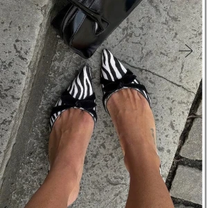 Zebramönstrade klackar med rosett - Säljer ett par snygga klackar med spetsig tå i zebramönster. Skorna är svartvita och har en söt svart rosett framtill. Klacken är 6 cm. De är aldrig använda!! Små i storleken, 41 men passar 40 då de är lite små för mig med storlek 41