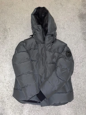 Grå canada goose jacka (black label) - Säljer en grå pufferjacka från Canada Goose, modell Fusion L/G. Jackan har en stor huva med snörning, svart patch på ärmen och dragkedja framtill. Materialet är slitstark polyester och dunfyllning, perfekt för kalla vinterdagar. Snygg och clean look med mörka detaljer.