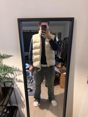  dunväst från Zara - Säljer en beige dunväst från Zara i storlek L. Västen är quiltad med hög krage och dragkedja framtill. Perfekt att slänga över en hoodie eller tröja för en chill och snygg look. Två fickor på sidorna och stilren design.