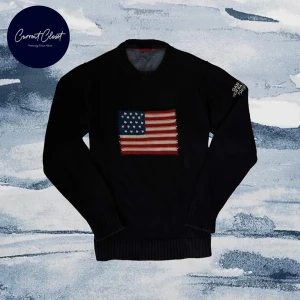 Mörkblå stickad tröja Gant - Mörkblå stickad tröja från Gant med amerikansk flagga broderad på bröstet | Size M | Axelbredd: 42cm och längd: 67cm 