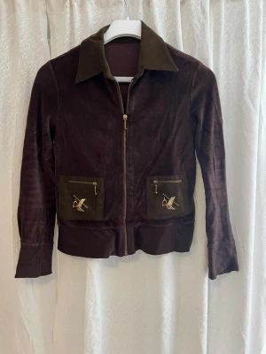 Brun sammet jacka med broderi - Snygg brun jacka i sammet med kontrasterande krage och fickor i mörkare nyans. Fickorna har dragkedjor och coolt broderi med fågelmotiv. Jackan har hel dragkedja framtill och klassisk krage. Perfekt för dig som vill sticka ut med en unik stil.