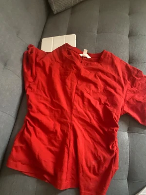 Röd kortärmad topp från H&M - Säljer en röd topp från H&M med korta ärmar och rund hals. Toppen har en snygg söm framtill och lätt rynkade detaljer på sidan. Mjuk och skön bomullskvalitet, perfekt för dig som gillar enkel men cool stil. Sitter åt lit i midjan vilket ger men mer figur sydd form