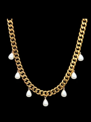 18K guldpläterat halsband med pärlor  - Kedjetjocklek-9mm .Nickelfri. Högkvalitativ rostfritt, 18K guldpläterat stål 316 .