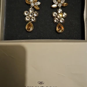 Guldiga örhängen från Lily and Rose - Säljer ett par glittriga örhängen från Lily and Rose i guldton med blommig form och gnistrande stenar. Örhängena har droppformade detaljer och är perfekta för att ge din look extra bling. Supersnygga till en dressad outfit!