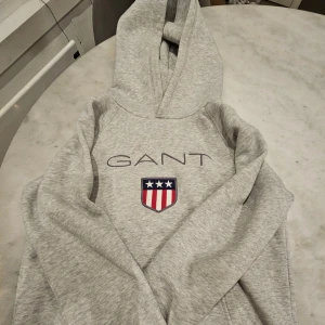 Grå hoodie från GANT med logga - Snygg grå hoodie från GANT med broderad logga och emblem på bröstet. Tröjan har huva och långa ärmar, tillverkad i mjuk bomullsmix. Perfekt för dig som gillar klassisk och sportig stil med en amerikansk touch.