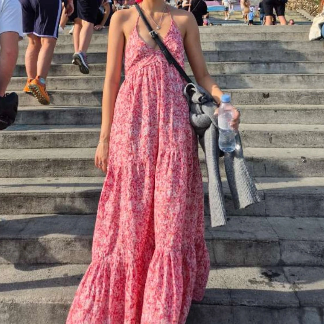 Rosa blommig långklänning omlott