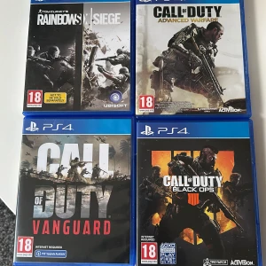 PS4 Spelpaket: Call of Duty & Rainbow Six Siege - Fyra populära PS4-spel: Call of Duty Vanguard, Black Ops 4, Advanced Warfare och Tom Clancy's Rainbow Six Siege. Alla fodral i fint skick, PEGI 18. Perfekt för FPS-fantaster och samlare.