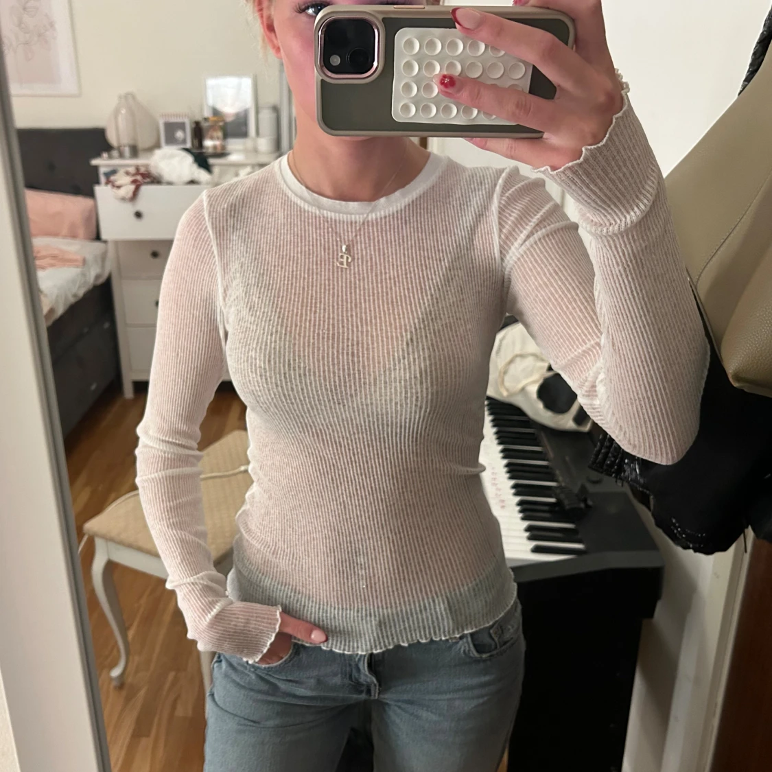 Vit ribbad långärmad topp H&M - 1