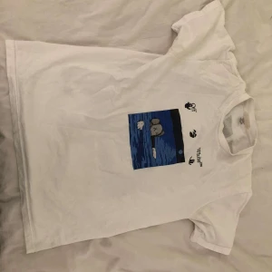 Vit Off-White t-shirt - Säljer en vit t-shirt från Off-White. Framsidan har en liten grafisk print med blått och svart, medan baksidan har en stor illustration med Off-White-pilar och KAWS-figur i blått vatten. Klassisk passform och rund hals. Perfekt för dig som gillar streetwear och unika prints.