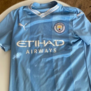 Manchester City Puma matchtröja  - Säljer en officiell Manchester City fotbollströja från Puma i ljusblått med vita detaljer och klubbmärke på bröstet. Tröjan har korta ärmar, subtila ränder och är tillverkad i lätt och ventilerande polyester. Perfekt för dig som vill visa ditt City-stöd på matchdagar.