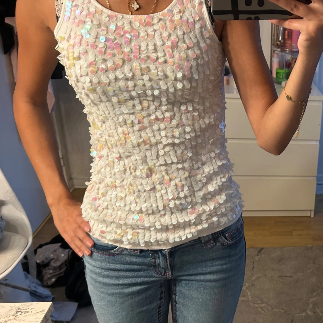 Vit Vintage paljett-topp 