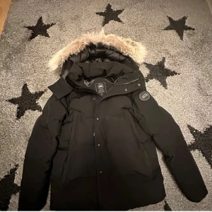 Svart dunjacka från Canada Goose - Säljer en svart dunjacka från Canada Goose med stor huva och avtagbar päls. Jackan har klassisk patch på ärmen, dragkedja och knappar framtill samt flera fickor. Perfekt för kalla vinterdagar och riktigt snygg streetstil.