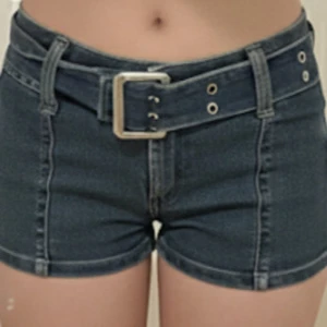 Mörkblå denimshorts med bälte - Snygga mörkblå denimshorts med bredt bälte och silverfärgat spänne. Shortsen har låg midja och klassisk jeanslook med synliga sömmar. Perfekta för sommardagar när du vill ha en cool och avslappnad stil.