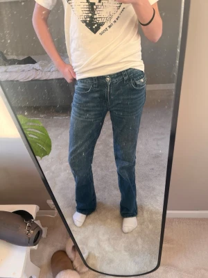 Blå jeans med broderade fickor - Säljer ett par blå jeans från Gina Tricot med snygga broderade detaljer på bakfickorna och coola knappar. Jeansen är bootcut low waist och har en klassisk femficksdesign. Jeansen är använd runt 3-4 gånger. Priset kan diskuteras, frakt ingår! Jeansen har en liten fläk runt gylfen men annars i helt perfekt skick. Fråga om mer information:)