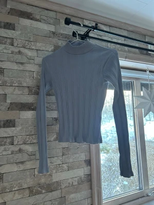 Ljusgrå ribbad polotopp - Säljer en ljusblå ribbad polotopp med lång ärm. Toppen har en tight passform och är tillverkad i ett mjukt, stretchigt material. Den höga kragen ger en clean look och det ribbade tyget gör den extra snygg till jeans eller kjol.