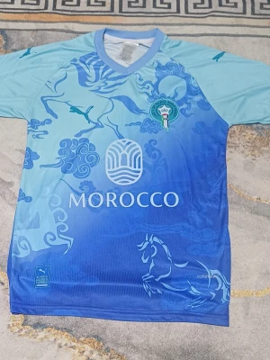 Marocko fan design - fotbollströja från Marockos landslag. Tröjan är blå med ljusblå detaljer och har mönster samt landslagets emblem på bröstet.