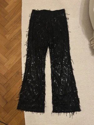 Svarta byxor med fransar och paljetter - Säljer ett par svarta byxor med fransar och glittriga paljettdetaljer. Byxorna har rak passform och är tillverkade i polyester med lite stretch för extra komfort. 