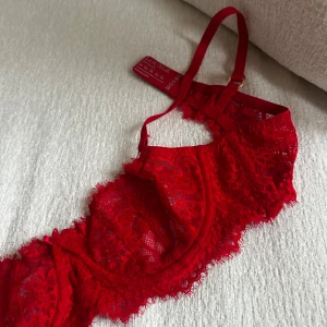 Röd spet bralette från Lounge - Säljer en röd bralette från Lounge med vacker spets och tunna axelband. Modellen har genomskinliga spetsdetaljer och små rosetter framtill. Justerbara band och guldfärgade ringar ger en extra lyxig känsla. Säljer då den är för liten för mig, endast testad!