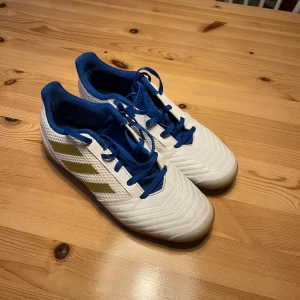 Adidas Predator vita och blå fotbollsskor - Säljer ett par Adidas Predator fotbollsskor i vitt med blå detaljer och guldiga ränder. Skorna har snörning, platt sula och är perfekta för inomhusspel. Ovandelen är i syntetmaterial och mesh för bra andningsförmåga. Snygg och sportig design med klassiska Adidas-ränder. ——Nästan helt nya——