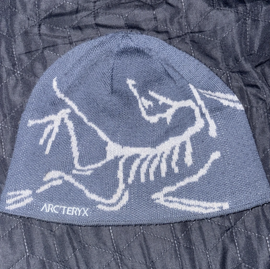 Blå mössa från Arc'teryx med fossilmotiv