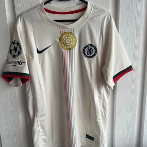 Chelsea bortatröja Palmer 10 Nike - Chelsea bortatröja med Palmer 10 på ryggen. Vit med tunna ränder i rött och svart längs mitten, gröna och röda detaljer på ärmsluten. Broderat klubbmärke, Nike-logga och FIFA Club World Cup-märke på bröstet. Tillverkad i lätt och ventilerande material.