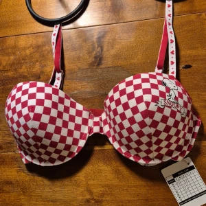 Rutig Snoopy-bh med hjärtband 75B - Superfin bh med rödvita rutor och Snoopy-tryck på ena kupan. Axelbanden har små röda hjärtan som detalj. Kuporna är formade och ger bra stöd. Perfekt för dig som gillar söta och lekfulla mönster! Helt oanvänd med orginallapparna kvar. Från konkurslager. Finns många fler varianter och storlekar. Rabatt vid flerköp.