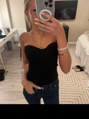 Svart bandeau tubtopp - Säljer en svart bandeau tubtopp med smockad struktur. Toppen är axelbandslös och har en tight passform som sitter snyggt mot kroppen. Perfekt att styla med jeans eller kjol för en trendig look.