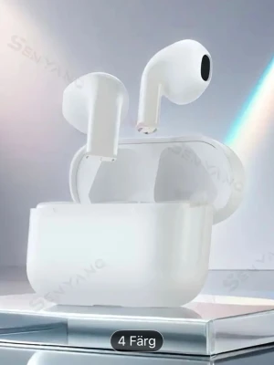 Vita trådlösa in-ear hörlurar - Snygga vita trådlösa in-ear hörlurar med laddningsetui. Hörlurarna har stilren design med rundade kanter och touchkontroll. Perfekta för musik, samtal och gaming. Laddas enkelt i det medföljande etuiet. Materialet är plast med blank finish.