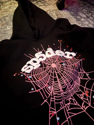 Svart Sp5der hoodie - Svart hoodie från Sp5der med stor grafisk spindelnätsdesign i rosa och vitt framtill. Hoodien har huva och coola stjärndetaljer i rött och blått runt trycket. Perfekt för dig som gillar streetwear och unika prints.