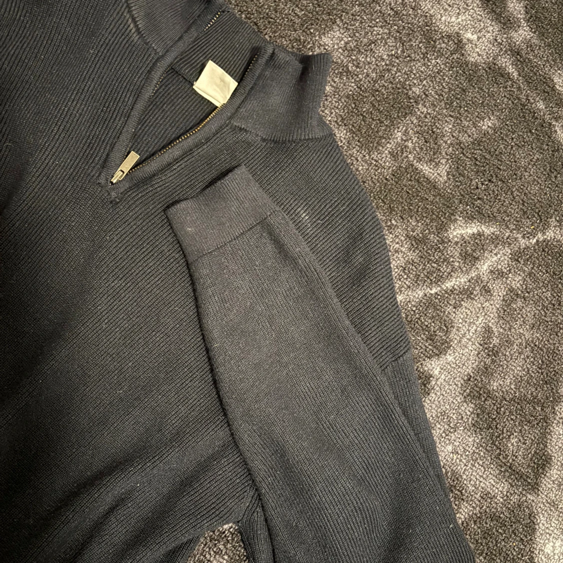 Navy blue stickad half zip-tröja - 1