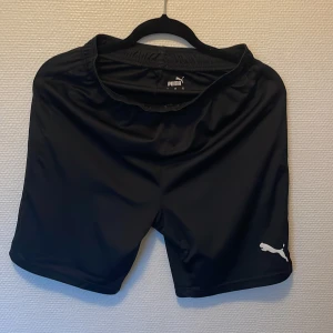 Svarta träningsshorts från Puma - Svarta shorts från Puma med elastisk midja och klassisk logga i vitt på benet. Perfekta för träning eller sport, tillverkade i lätt och skön polyester som andas. Enkel och stilren design som funkar till alla sportiga outfits.