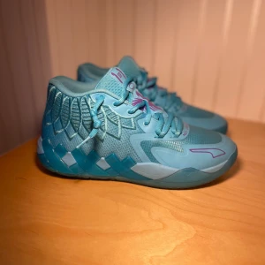 LeMello Basket Skor  - Säljer ett par riktigt snygga turkosa sneakers från Puma med coolt grafiskt mönster på sidorna och lila detaljer. Skorna har snörning, mesh- och syntetmaterial samt texten 'NOT FROM HERE' på tungan. Perfekta för dig som vill sticka ut med färg och stil.