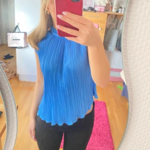 Blå plisserad blus - Säljer en snygg blå plisserad blus med hög hals och ärmlös design. Blusen har en knytning i nacken och en luftig passform som ger en elegant look. Perfekt för att piffa upp garderoben!Från zara, storlek xs!!💙