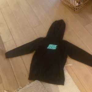 Svart Billie Eilish hoodie från H&M - Svart hoodie från H&M med Billie Eilish-tryck i turkos på bröstet och en stor turkos figur på ryggen. Klassisk huva och långa ärmar, perfekt för dig som vill ha en chill och snygg streetstil. Mjuk och skön bomullsmix.