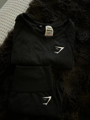 Svart träningsset från Gymshark - Säljer ett svart träningsset från Gymshark med långärmad crop top och matchande shorts. Setet har vita loggor på både tröjan och shortsen, samt meshdetaljer för extra ventilation. Perfekt för gymmet eller annan träning. Skriv privat vid intresse 