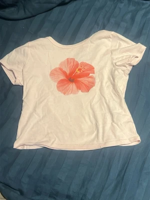 Ljusrosa t-shirt med blomtryck - Säljer en ljusrosa t-shirt från H&M med en stor röd och rosa hibiskusblomma tryckt på framsidan. Köpt för 100kr och är inte använd så mycket. T-shirten har korta ärmar, en liten fläck på framsidan som inte går bort i tvätten. Men den syns inte så mycket.  (Katt i hemmet),  kom gärna med prisförslag eller frågor🤗