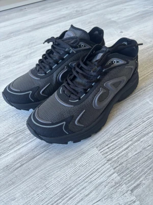Svarta sneakers med grå detaljer - Säljer ett par svarta sneakers med gråa detaljer och reflekterande mönster. Skorna har snörning, mesh- och syntetmaterial samt en chunky sula. På hälen finns ett CD-tryck. Perfekta för dig som gillar en sportig och modern look. OBS små i storleken, passar bättre 43 och 42